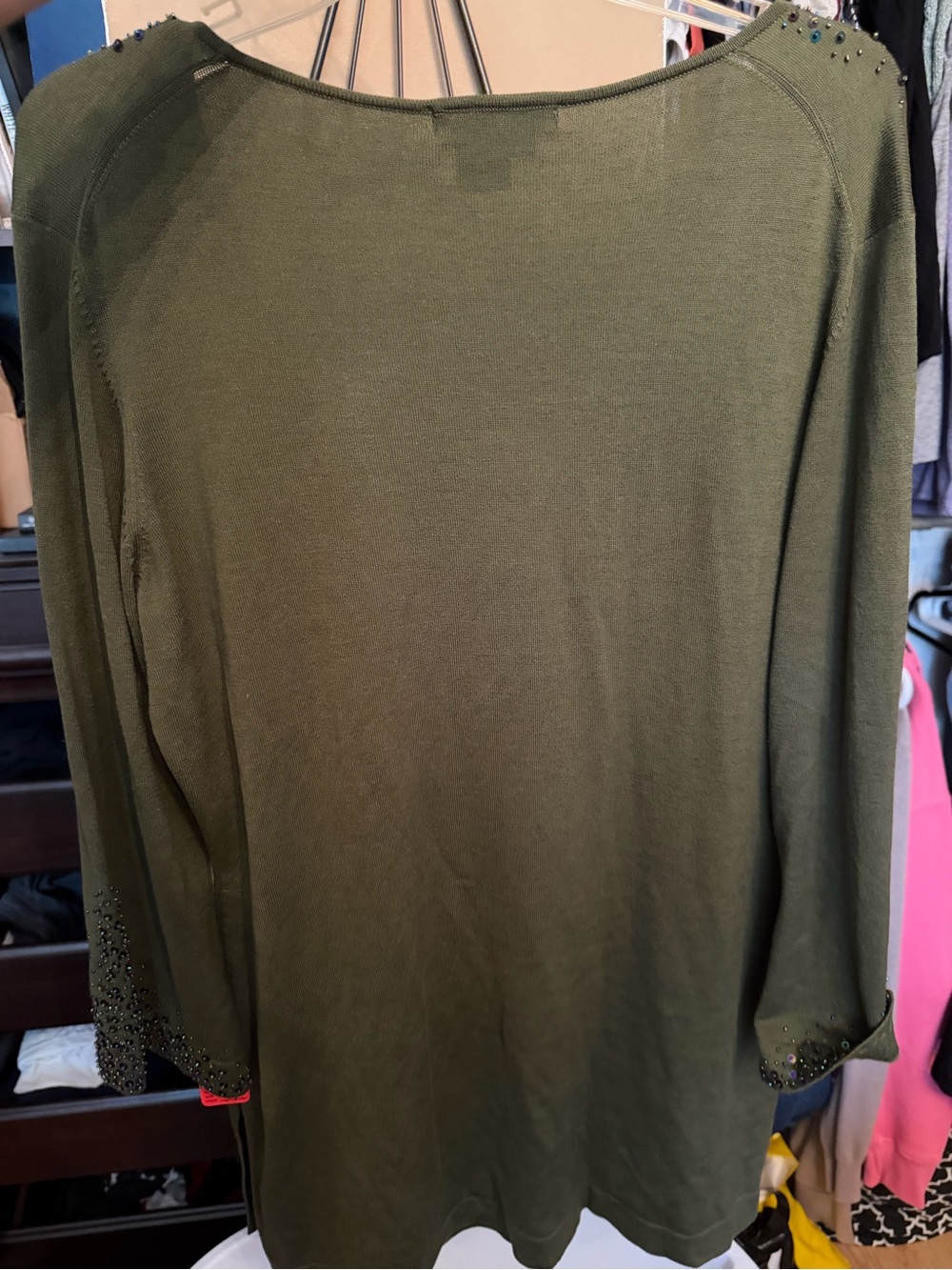 Karen Kane Olive Green Knit Top with Subtle Sheen - Picture 6 of 8